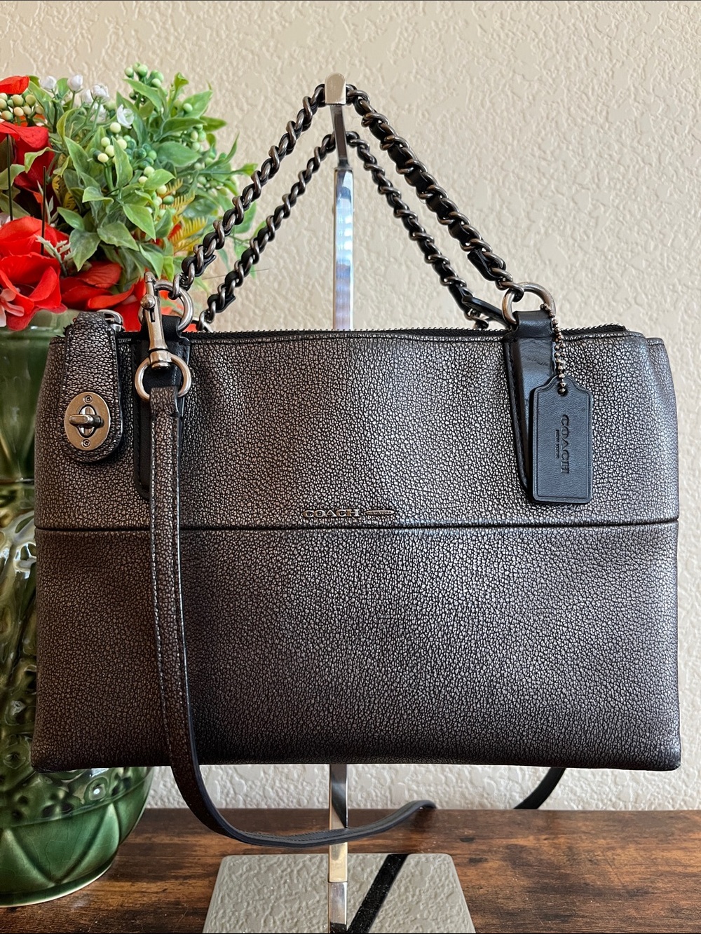 Coach Mini Turnlock Borough Bag With Chain In Metallic Leather
